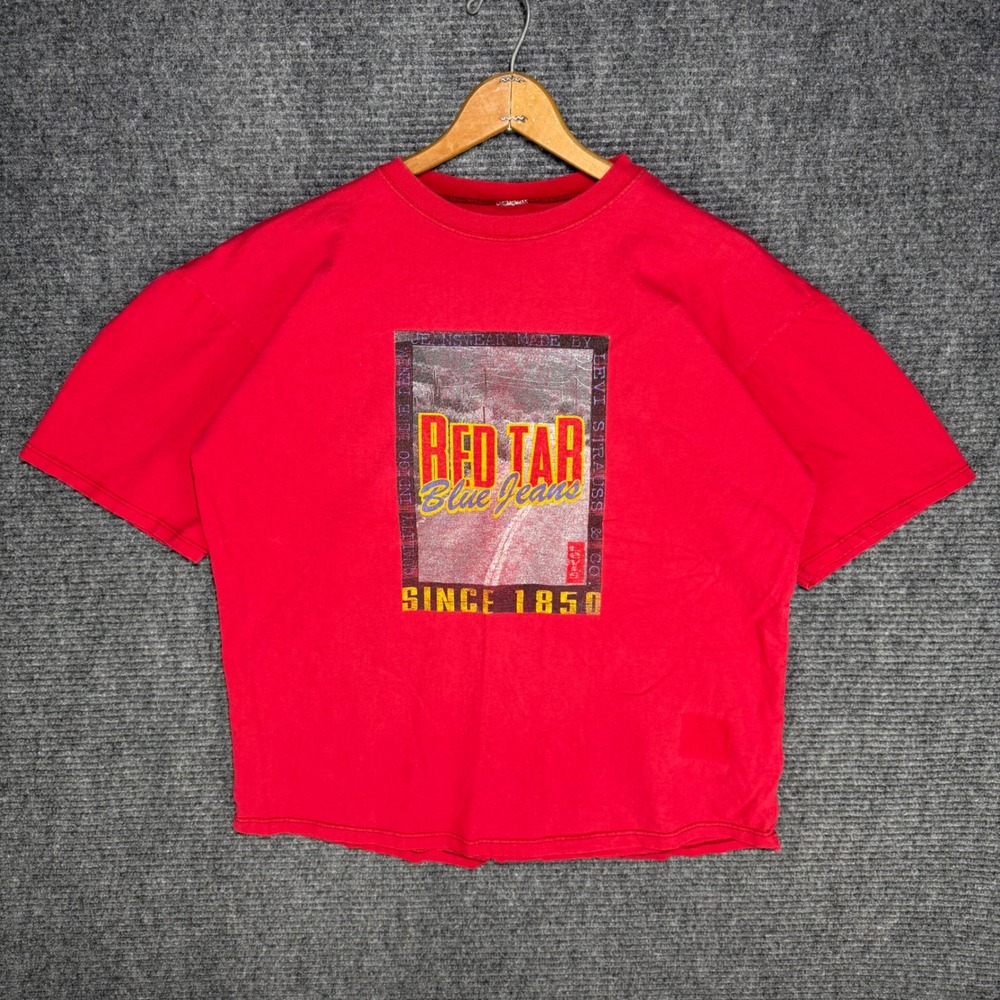 Vintage Levis Red Tab Blue Jeans Graphic T-Shirt Red Mens XL Short Sleeve 90s